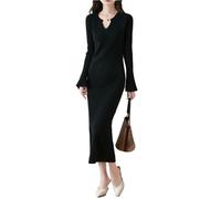 Ailaile 100% lana merino maglione vestito donna manica lunga lavorato a maglia scollo a V pullover autunno inverno slim top lunghi, nero, S