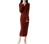 Ailaile 100% lana merino maglione vestito donna manica lunga lavorato a maglia scollo a V pullover autunno inverno slim top lunghi, Rosso mattone, L