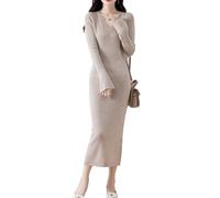 Ailaile 100% lana merino maglione vestito donna manica lunga lavorato a maglia scollo a V pullover autunno inverno slim top lunghi, Cammello Latte, L