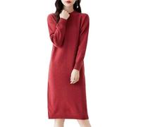 Ailaile 100% lana merino maglione vestito donna mezza lunghezza O-collo manica lunga pullover girocollo autunno inverno vestito lavorato a maglia, Oro rosso., S