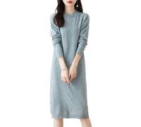 Ailaile 100% lana merino maglione vestito donna mezza lunghezza O-collo manica lunga pullover girocollo autunno inverno vestito lavorato a maglia, Grigio verde., S