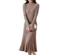 Ailaile - Abito da donna in pile 100% lana, collo alto, strisce a buco, aderente, scollo a V, maniche lunghe, abito a maglia svasato, abito lavorato a maglia, Cammello, XL