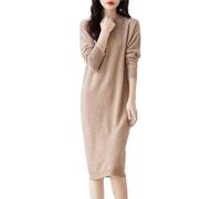 Ailaile Abito in maglia da donna in 100% lana merino, a manica lunga, girocollo, a lunghezza media, pullover, tinta unita, autunno inverno, Cammello, XL