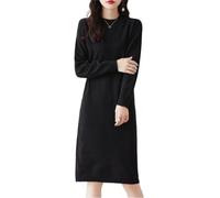 Ailaile Abito in maglia da donna in 100% lana merino, a manica lunga, girocollo, a lunghezza media, pullover, tinta unita, autunno inverno, nero, S