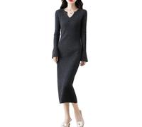 Ailaile Abito in Maglia da Donna, in 100% Lana Merino, a Maniche Lunghe, con Scollo a V, Pullover Autunno Inverno, Taglio Slim, grigio scuro, M