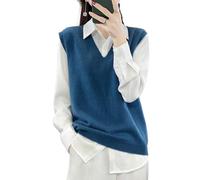 Ailaile Gilet in maglia da donna con scollo a V, 100% lana merino leggera, senza maniche, pullover basico, top corto, Blu inchiostro, XL