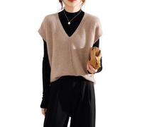 Ailaile Maglia con scollo a V Gilet da donna Maglione 100% lana merino senza maniche Pullover Basic Vest Top corti, Cammello, M