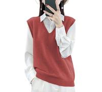 Ailaile Maglione da donna con scollo a V, in 100% lana merino, leggero, senza maniche, gilet di base, top corti, Rosso ciliegia, XL