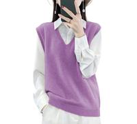 Ailaile Maglione da donna con scollo a V, in 100% lana merino, leggero, senza maniche, gilet di base, top corti, Viola, M