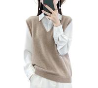 Ailaile Maglione da donna con scollo a V, in 100% lana merino, leggero, senza maniche, gilet di base, top corti, Cammello, XX-Large
