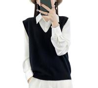 Ailaile Maglione da donna con scollo a V, in 100% lana merino, leggero, senza maniche, gilet di base, top corti, nero, M