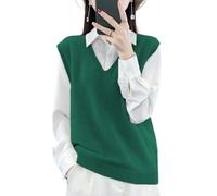 Ailaile Maglione da donna con scollo a V, in 100% lana merino, leggero, senza maniche, gilet di base, top corti, verde scuro, XL