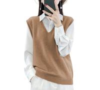 Ailaile Maglione da donna con scollo a V, in 100% lana merino, leggero, senza maniche, gilet di base, top corti, Cammello Oro, XL