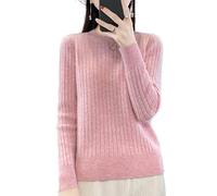 Ailaile Maglione da donna in lana merino, girocollo, a maniche lunghe, con scanalature, per autunno e inverno, caldo, lavorato a maglia, Rosa, XL