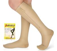 Ailaka - Calze a compressione con cerniera, 15-20 mmHg, calze mediche per uomo e donna, calze di supporto con cerniera per vene varicose, edema, recupero, gravidanza, beige., Large (1 Pair)