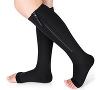 Ailaka - Calze a compressione con cerniera, 15-20 mmHg classe 1, calze a compressione per donna e uomo, calze di sostegno con dita scoperte per vene varicose, edema, recupero, gravidanza, Nero
