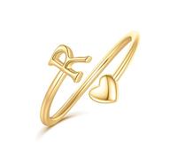 Ailetop Anelli con iniziale a forma di cuore, per donne e ragazze, placcati in oro giallo 14 carati, regolabili, non si ossidano, idea regalo per ragazze, gioielli alla moda, regali di compleanno