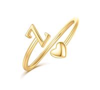 Ailetop Anelli con iniziale a forma di cuore, per donne e ragazze, placcati in oro giallo 14 carati, regolabili, non si ossidano, idea regalo per ragazze, gioielli alla moda, regali di compleanno