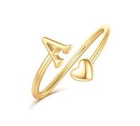 Ailetop Anelli con iniziale a forma di cuore, per donne e ragazze, placcati oro, con iniziale a forma di cuore, impilabili, regolabili, per ragazze e adolescenti, con lettere dell'alfabeto, per
