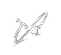 Ailetop Anello regolabile con iniziale, a forma di cuore, in argento, impilabile, da donna, design unico con lettera J, per se stessa o per gli amici, Stackable, Ottone, oro, argento, Nessuna pietra