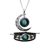 Ailiessy Set di collana e braccialetto con costellazione vintage, luna crescente, pietra preziosa zodiacale, collana con ciondolo zodiacale, braccialetto in pelle per uomini e donne, Pelle, gemma