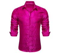 Ailisus Camicie Vintage Paisley da Uomo a Maniche Lunghe, Camicia da Festa, Disco, Lucida, Casual, Floreale, Setosa, Costume da Designer, Modello Unico, Rosa acceso, XL
