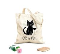 AILOONG Borsa tote con manico piatto in nastro gatto che beve vino gatti e vino concetto e minimalista Tessuto spesso 12 once Sostituisce lo zaino scolastico 25x30cm Piccola