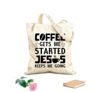 AILOONG Borsa tote con manico piatto in nastro Il caffè mi fa iniziare Gesù. Frase scritta a mano per gli amanti del caffè. Tessuto spesso 12 once Sostituisce lo zaino scolastico 35x40cm Grande