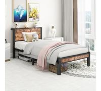 AilZylphera Letto 90 x 200 cm, telaio letto con rete a doghe in metallo, letto singolo con vano portaoggetti sotto il letto, telaio con testiera, letto in metallo, letto per ragazzi, marrone (3)