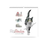 AIMA Calendario 2025 da Muro Agenda 31x33 cm - Calendario da Parete Spiralato 12 Mesi con Gatti e Monumenti d'Italia - Calendario con Gatto - 1 Calamita e 1 Block Notes in Omaggio (Gatto Bianco Nero)
