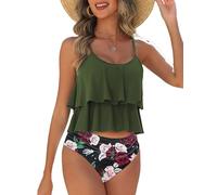 AI'MAGE Tankini Costume da Bagno da Donna in Due Pezzi con Scollo a V Costumi da Bagno da Donna Top Tankini con Pantaloncini da Bagno S XXL Verde Militare L