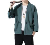 AIMAIBMLD Men's Shirt Chinese Style Summer Cardigan Jacket Lightweight Open Front for Blouse-Blue-Large