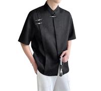 AIMAIBMLD Men's Shirt Chinese Style Summer Short Sleeve Mandarin Collar Loose for Blouse-Black-Small