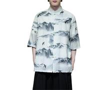 AIMAIBMLD Men's Shirt Chinese Style Summer Short Sleeve Printed Mandarin Collar for Blouse-White-XX-Large