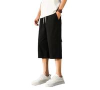 AIMAIBMLD Pantaloncini Estivi in Cotone Lino da Uomo, Leggeri Larghi da Spiaggia Jogging Black M