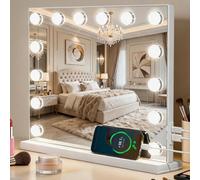 AIMAX Hollywood - Specchio da toeletta con illuminazione, 14 luci LED con 3 temperature di colore, specchio cosmetico dimmerabile con porte di ricarica, touch control, 50 x 42 cm (bianco)