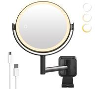 AIMAX Specchio cosmetico con illuminazione, 2000 mAh, ricaricabile da parete con ingrandimento 1X e 10X, regolabile con 3 temperature di colore, girevole a 360°, per rasatura e trucco in bagno