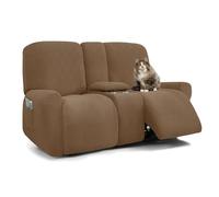 AIMENJOY Reclining Love Seat with Middle Console Slipcover, 8-Piece Jacquared Stretch Loveseat Reclining Sofa Covers, 2 seat Loveseat Recliner Cover, Thick, Soft, Washable (Camel)