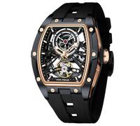 AIMES Tonneau, orologio automatico da uomo, di lusso, con scheletro, a carica automatica, impermeabile, analogico, quadrante quadrato con quadrante grande, cinturino in silicone, 0603-Rosa nera,