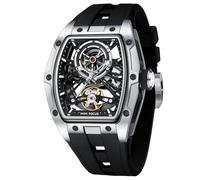 AIMES Tonneau, orologio automatico da uomo, di lusso, con scheletro, a carica automatica, impermeabile, analogico, quadrante quadrato con quadrante grande, cinturino in silicone, 0603-Nero argento,