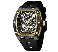 AIMES Tonneau, orologio automatico da uomo, di lusso, con scheletro, a carica automatica, impermeabile, analogico, quadrante quadrato con quadrante grande, cinturino in silicone, 0603-Oro nero, affari