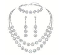 Aimilcall Set di gioielli da sposa con strass, collana, orecchini e braccialetto, set formale per donne e spose, Medio, Lega di acciaio, Cristallo