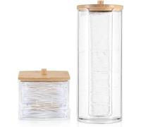 AIMIXUN 2 PCS Porta Dischetti Struccanti, Porta Cotton Fioc con Coperchi di Bambù, Contenitori Dischetti Cotone per Bagno Canisti Bagno Bambù Vasi di Immagazzinaggio Trasparente