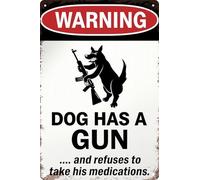 Aimlayton Targa rotonda in metallo con scritta "Dog has gun", 20,3 x 30,5 cm, divertente per cortile, decorazione da parete, regalo per proprietari di animali domestici