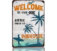 AimQurt Targa in metallo vintage con scritta in inglese "Welcome to our little piece of paradise" (lingua italiana non garantita), targa per casa, piscina, cortile, giardino, spiaggia, capanna, 30,5 x