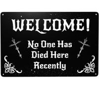 AimQurt Targa in metallo vintage con scritta in lingua inglese "Welcome No One Has Died Here Recentement", divertente targa per casa, bar, garage, caffè, cucina, decorazione da parete, 20,3 x 30,5 cm