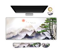 AIMSA Large Gaming Mouse Pad Set, Keyboard Wrist Rest Support + Extended Mouse Pad + Mouse Wrist Cushion + Coaster, Ergonomic Memory Foam Desk Mat 35x15.7in Anti-Slip Base (Pine Tree Mountains)