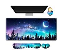AIMSA Large Gaming Mouse Pad Set, Keyboard Wrist Rest Support + Extended Mouse Pad + Mouse Wrist Cushion + Coaster, Ergonomic Memory Foam Multifunctional Desk Mat 35x15.7inch (Forest Moon Sky)