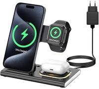 Aimtel 3 in 1 Stazione di Ricarica Wireless Pieghevole Compatibile con Apple Watch Series 11/10/Ultra 3/2/SE/SE3/,per iPhone 17/17 Pro/16/15/14/13/Air Pods Pro/4/3/2 Luci Notte Caricatore Wireless