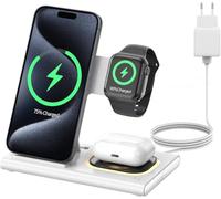Aimtel 3 in 1 Stazione di Ricarica Wireless Pieghevole Compatibile con Apple Watch Series 11/10/Ultra 3/2/SE/SE3/,per iPhone 17/17 Pro/16/15/14/13/Air Pods Pro/4/3/2 Luci Notte Caricatore Wireless